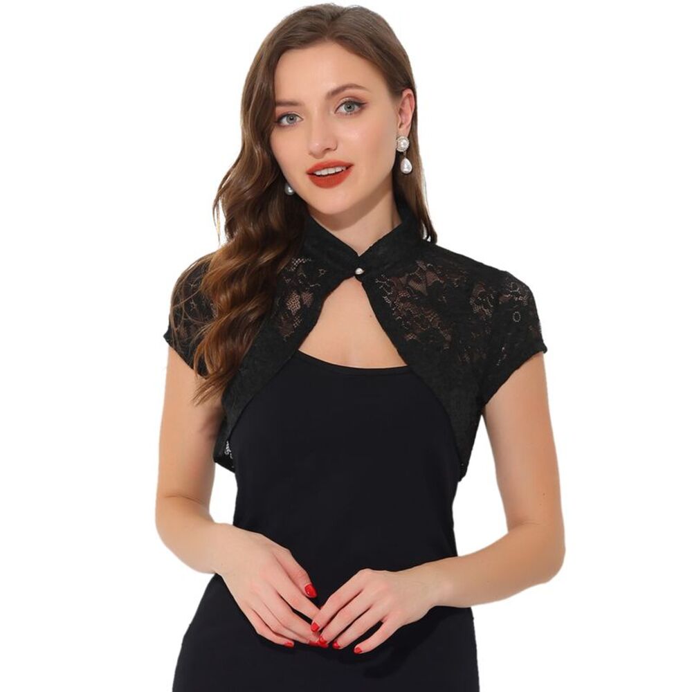 Black Lace Button Collar Cropped Bolero Shrug